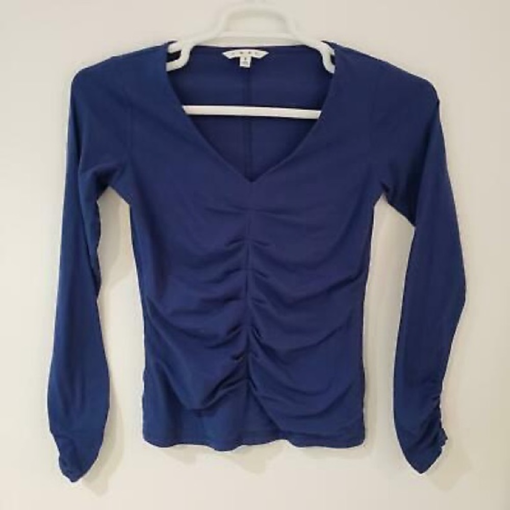 CAbi #671 Blue Pleated Ruched Blouse Top